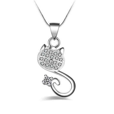 Cute Cat Pendant With White Crystal Necklace For Women Necklaces