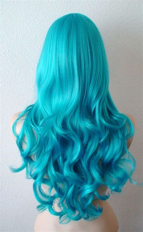 Teal Blue Wig 26 Curly Hair Side Bangs Wig Heat Etsy Teal Hair