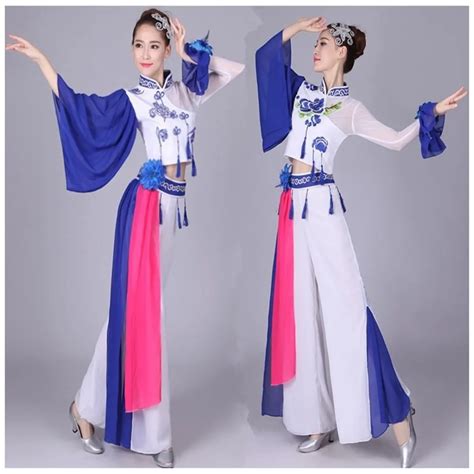 Blue And White Porcelain Yangko Dance Costume Chinese Folk Dance