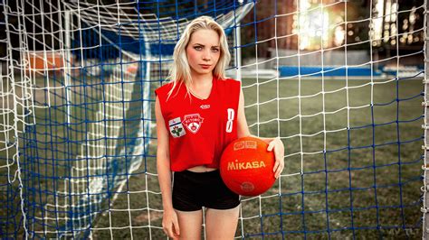Wallpaper Model Portrait Blonde Soccer Pitches Goal Sports
