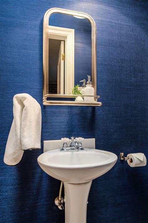 Powder Room With Navy Grasscloth Wallpaper Powder Room Bathroom