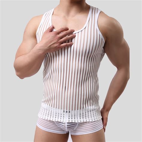 Hot Men Tank Top Gauze Ultra Thin Striped Summer Vest Transparent U
