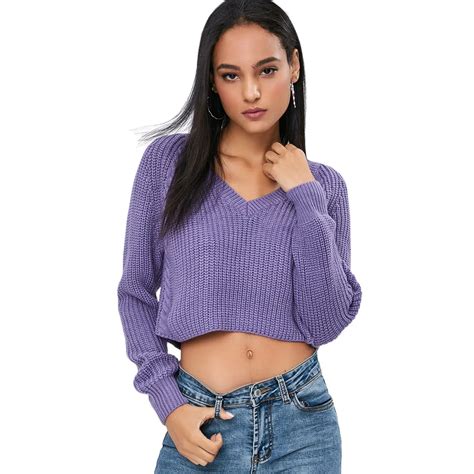 Buy Zaful Cropped Cable Knit Sweater Raglan Sleeve V