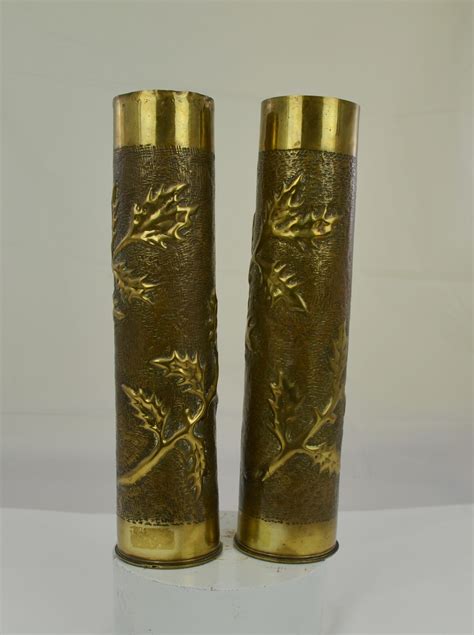 Ww1 Trenchart Beautiful Pair Of French 75mm Shell Cases Vases Sally
