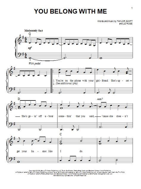You Belong With Me Sheet Music By Taylor Swift Easy Piano 69798