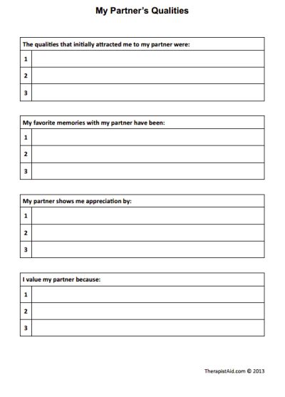 My Partners Qualities Therapist Couples Counseling Worksheets