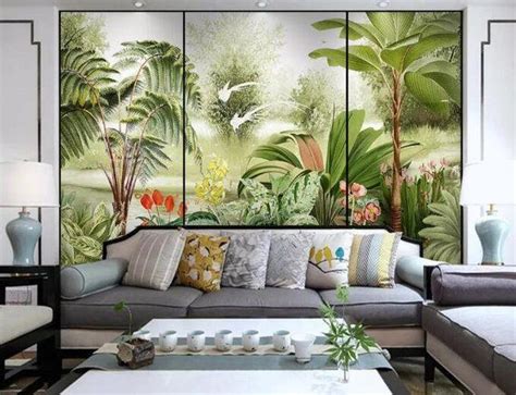 Hand Painted Tropical Plants Wallpaper Wall Mural Green