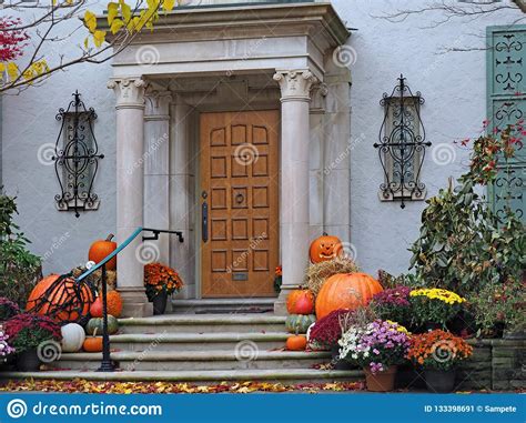 Front Door Of House With Halloween Decorations Stock Image