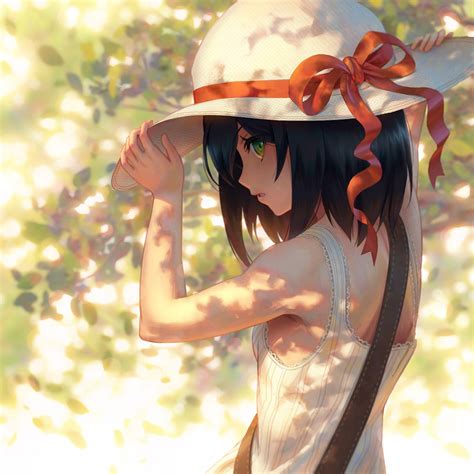 Wallpaper Illustration Anime Girls Short Hair Hat Green Eyes Black Hair 1280x1280