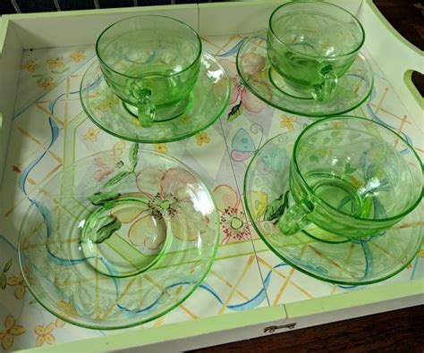 Vintage Depression Glass Green Cloverleaf Lot 3Cups 4Saucers Hazel