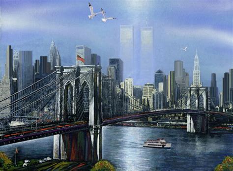 New York Skyline Brooklyn Bridge Twin Towers Painting