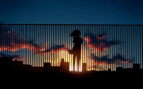 Sunset Digital Art Fence Silhouette Anime Girls Wallpapers Hd