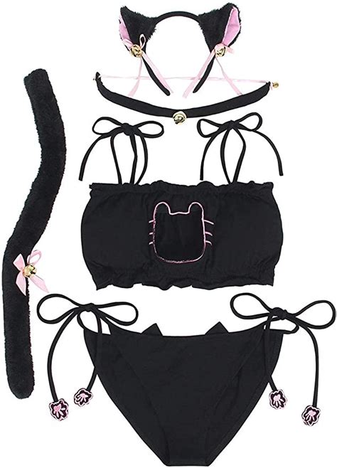 Womens Cosplay Lingerie Japanese Cute Anime Cat Kitten Keyhole Costume Sexy Outfit Black