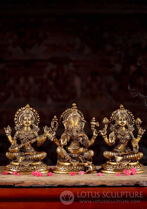 Set Of Brass Hindu God Statue Trinity Ganesha Lakshmi Saraswati Set 7