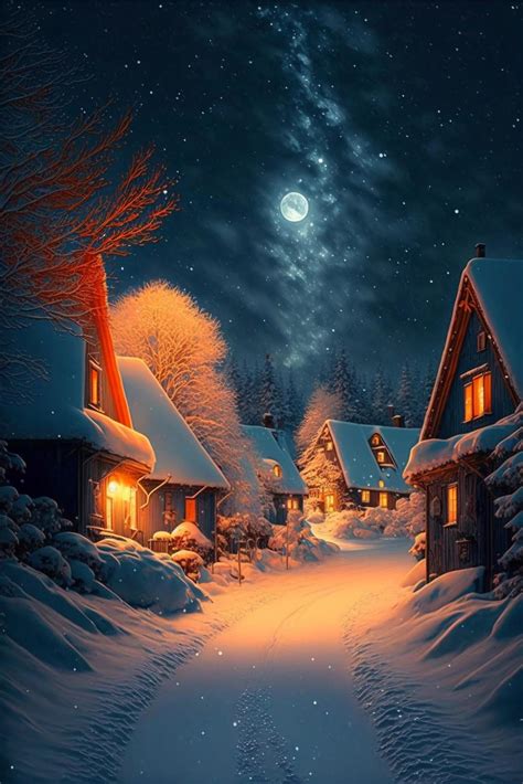 Snowy Village At Night With A Full Moon In The Sky Generative Ai