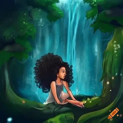 Curly Haired Black Girl Exploring A Magical Forest