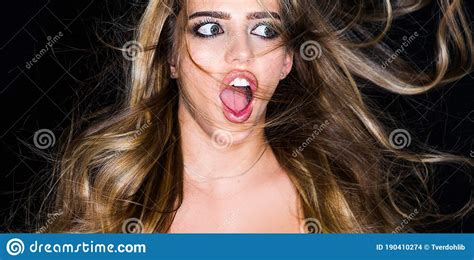 Excited Woman Funny Face Close Up Portrait Surprised Young Woman