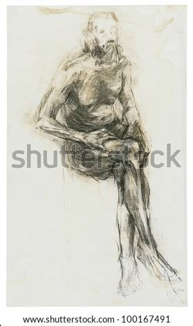 Charcoal Drawing Sitting Model Naked Old Man Gender Not Shown On The Subject Of