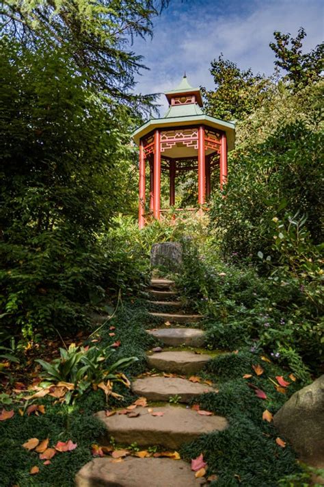Vertical Shot Of A Traditional Gazebo In The Japanese Garden Stock