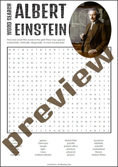 Albert Einstein Vocabulary Word Search Puzzle Teaching Resources