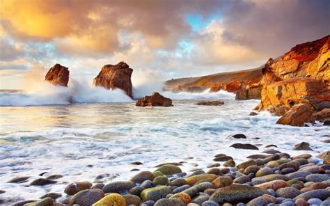 Sea Coast With Rocks Waves Dark Sky With Clouds Red Sunset Desktop