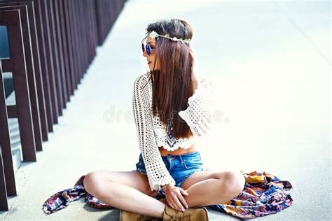 Young Hippie Woman Model In Summer Sunny Day In Bright Colorful Hipster