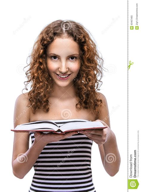 Young Woman In Striped Vest With Red Book Stock Image Image Of Light Healthy 63467465