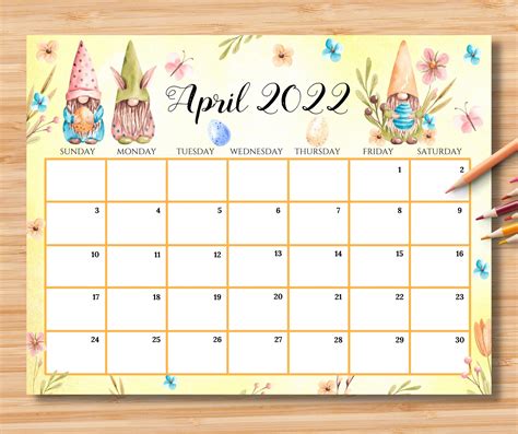 Editable April 2022 Calendar Happy Easter Day With Easter Eggs