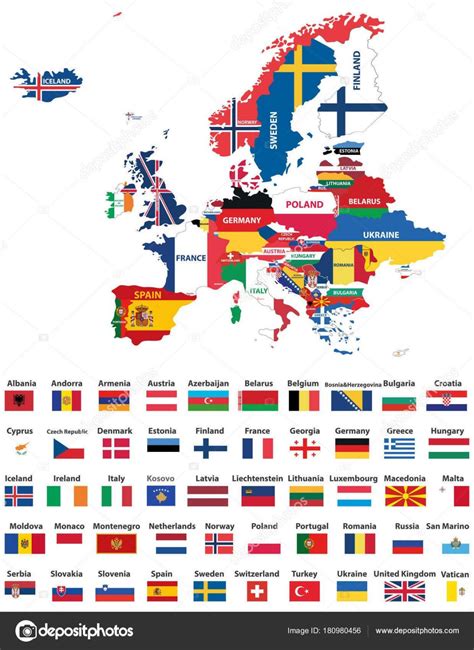 Europakarte Mit Ländern Nationalflaggen Gemischt Alle Für Flaggen Zum