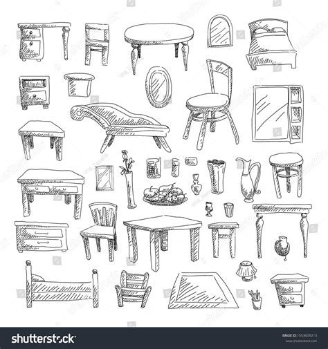 Furniture Doodle Set Vector Hand Drawn เวกเตอร์สต็อก ปลอดค่าลิขสิทธิ์