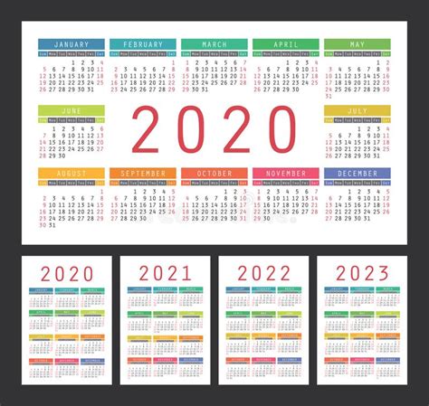 Calendar 2020 2021 2022 And 2023 English Color Vector Set Wall Or
