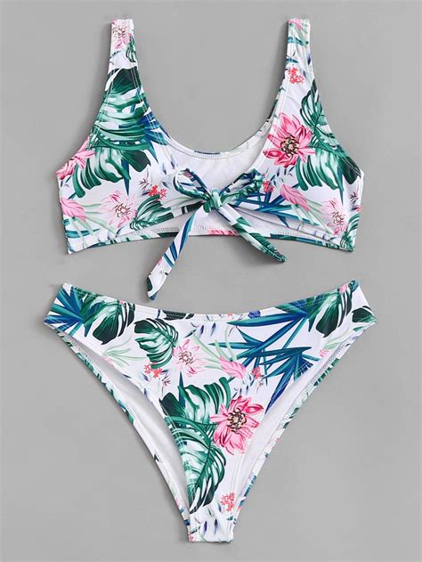 tropical print knot front bikini set bikinis bikini set tropical print