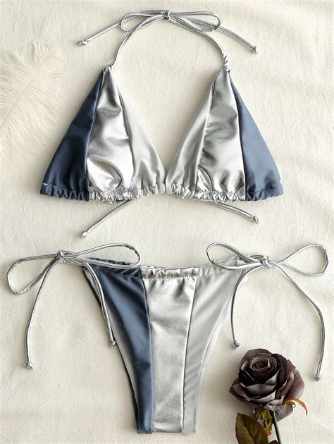 [67 off] string color block low waisted bikini set rosegal