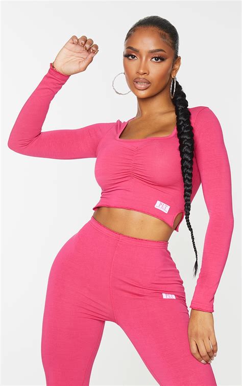 Prettylittlething Shape Hot Pink Ruched Front Top Prettylittlething Ie