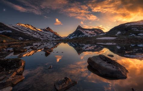 Wallpaper The Sky Water Sunset Lake Stones Norway Norway Ole
