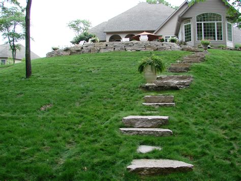 Outcropping Steps Staggered Down Hillside Planted With No Mow Fescue