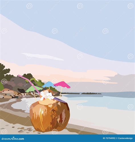 Coconut Fresh Cocktail Vector On The Beach Stock Vector Illustration Of Gourmet Background