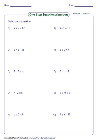 One Step Algebraic Equations Worksheet Pdf