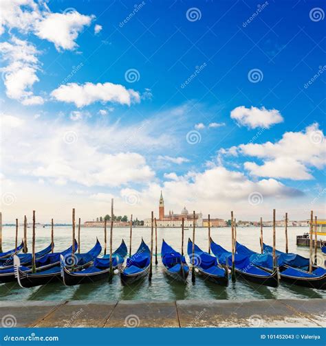 Gondolas Moored By Saint Mark Square Venice Venezia Italy Stock
