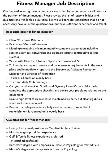 Fitness Manager Job Description Velvet Jobs