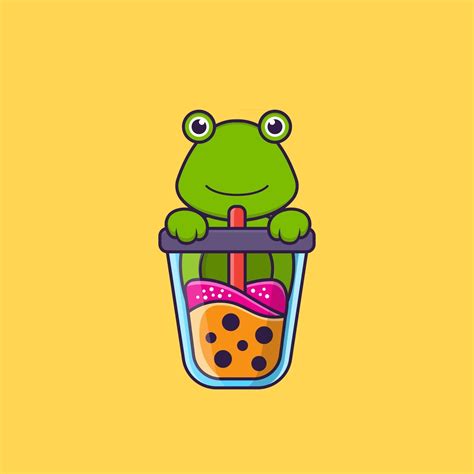 Cute Frog Drinking Boba Milk Tea Animal Cartoon Concept Isolated Can
