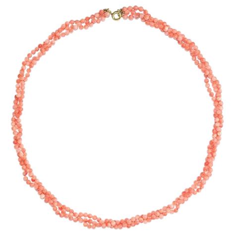 Genuine Salmon Coral Bead And Diamond Knotted String Double Strand Gold