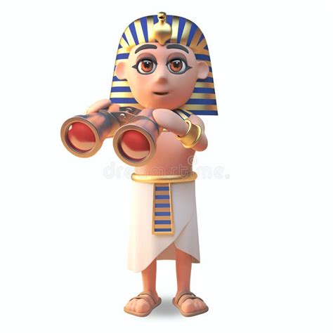 Pharaoh Tutankhamun 3d Character Using A Pair Of Gold Binoculars 3d