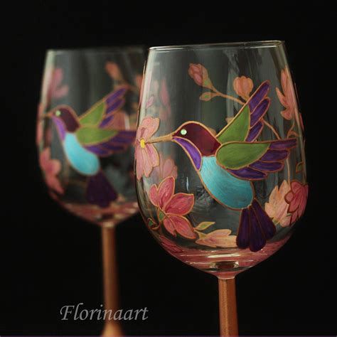 Beautiful Set Of 2 Wine Glasses Decorated With A Hummingbird In Between Pink Flowers They Would