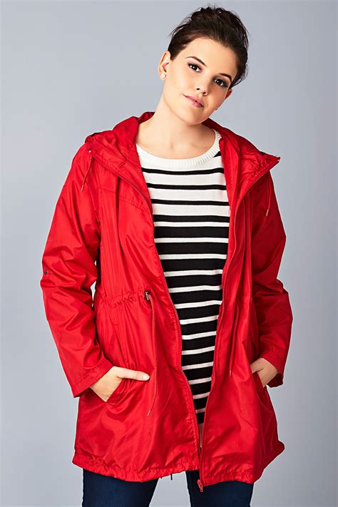 Red Shower Resistant Pocket Parka Jacket With Hood Plus Size 16 To 36