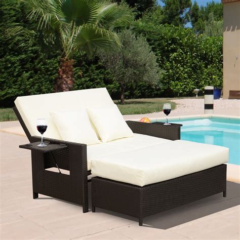 2pc Outdoor Rattan Wicker Chaise Lounge And Ottoman Set Double Seat