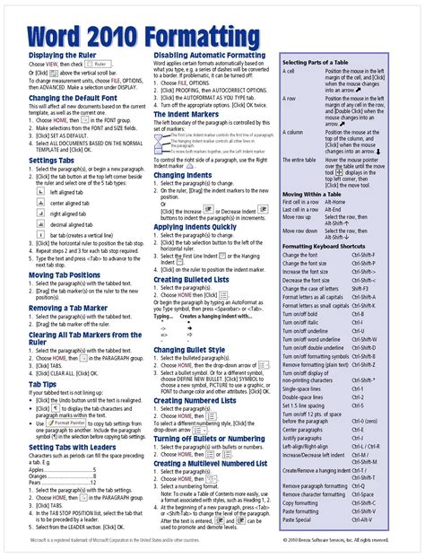 Microsoft Word 2010 Formatting Quick Reference Guide Cheat Sheet Of