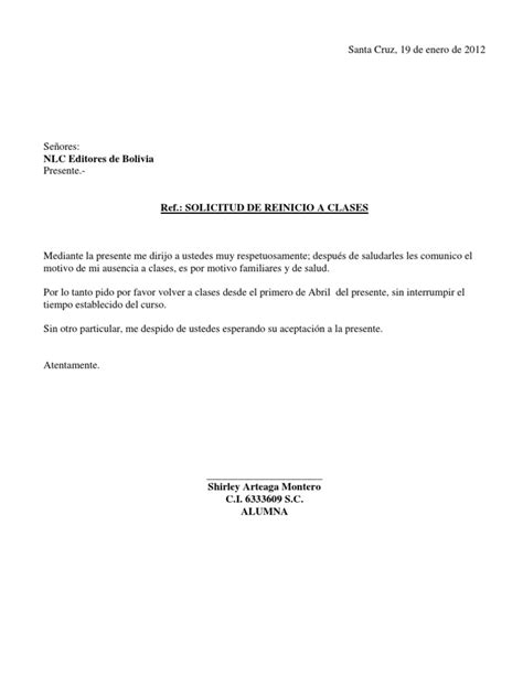 Carta Solicitud De Reinicio A Clases Pdf