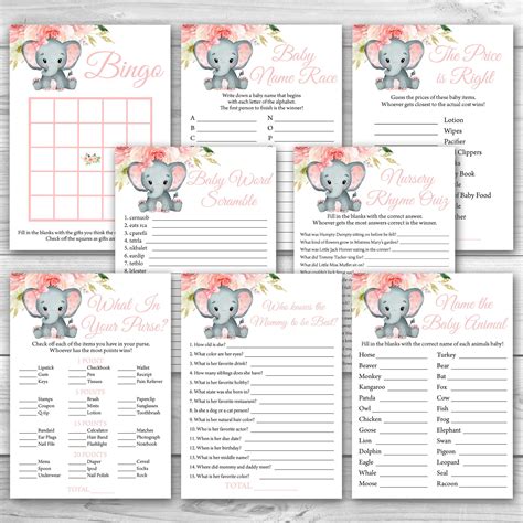 Girl Elephant Baby Shower Game Package 8 Printable Pink Etsy