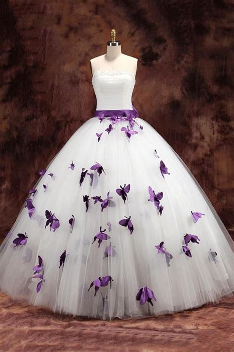 Elegant White Strapless Ball Gown Long Wedding Dresses With Purple